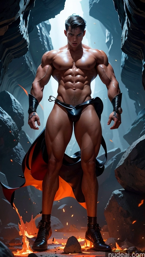 ai nude image of a close up of a man in a leather outfit standing in a cave pics of Several Busty Muscular Abs Perfect Body Bright Lighting Surrealist Hell Bodybuilder Superhero