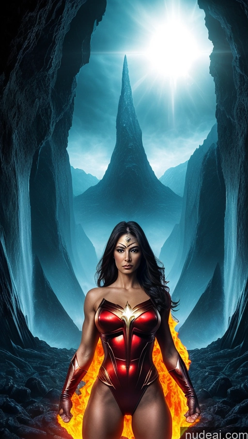 ai nude image of wonder woman standing in a cave with a fire ball pics of Several Busty Muscular Abs Perfect Body Bright Lighting Surrealist Hell Superhero Superheroine Dynamic View Powering Up