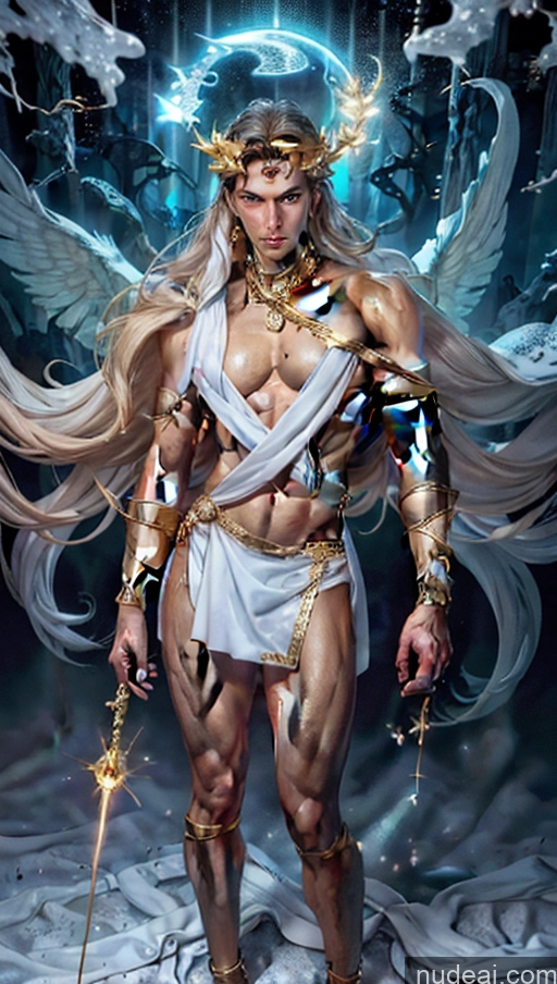 ai nude image of a close up of a woman with a sword and wings pics of Several Busty Muscular Abs Perfect Body Bright Lighting Surrealist Hell Menstoga, White Robes, In White And Gold Costumem, Gold Headpiece, Gold Belt, Gold Chain Woman