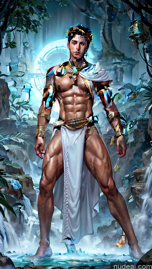 ai nude image of arafed male in a white outfit standing in a jungle pics of Several Busty Muscular Abs Perfect Body Bright Lighting Surrealist Hell Menstoga, White Robes, In White And Gold Costumem, Gold Headpiece, Gold Belt, Gold Chain Woman