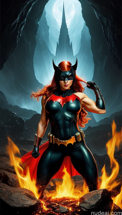 ai nude image of a close up of a woman in a red cape and black outfit pics of Several Busty Muscular Abs Perfect Body Bright Lighting Surrealist Bodybuilder Hell Batwoman