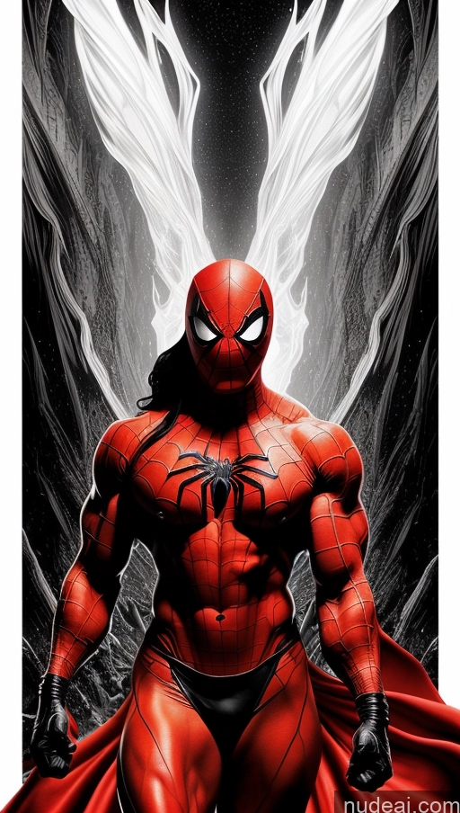 ai nude image of spider - man in a red cape with wings and a black background pics of Several Busty Muscular Abs Perfect Body Bright Lighting Surrealist Bodybuilder Hell Black Cat