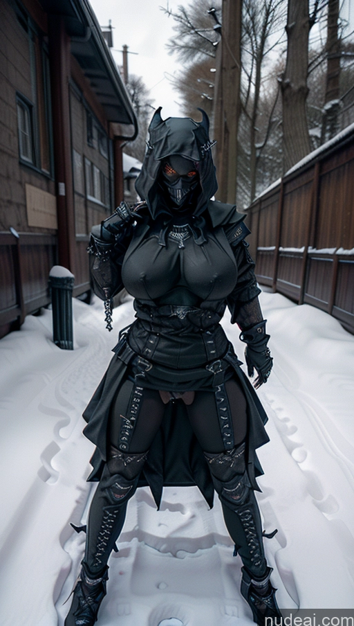 ai nude image of araffe dressed in a black outfit and a mask standing in the snow pics of Athlete Huge Boobs Perfect Boobs Ginger Snow Straddling Spread_legs, Pussy, Split_legs Gothic Punk Girl Cultist Hood