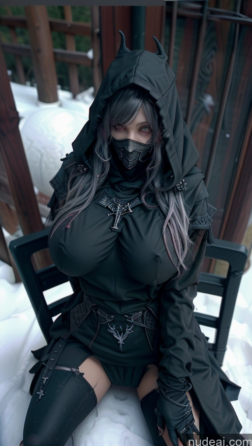 ai nude image of araffe dressed in black sitting on a bench in the snow pics of Athlete Huge Boobs Perfect Boobs Ginger Snow Straddling Spread_legs, Pussy, Split_legs Gothic Punk Girl Cultist Hood