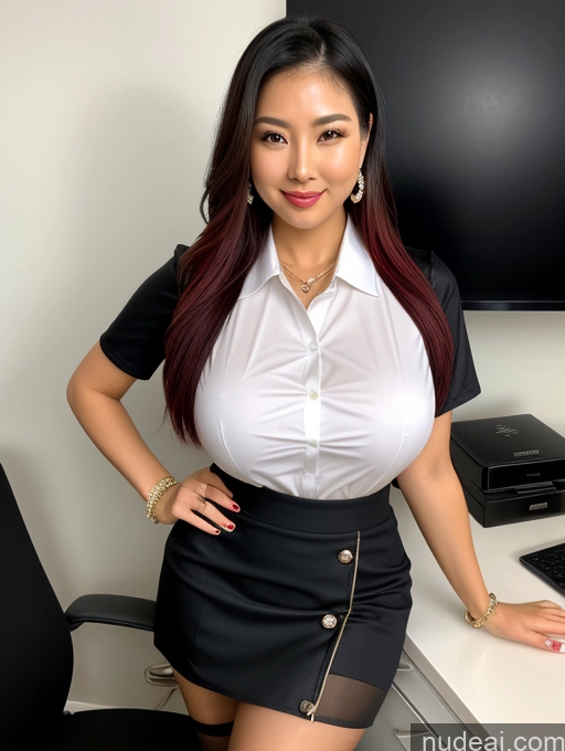 ai nude image of there is a woman posing in a skirt and shirt in an office pics of Busty Perfect Boobs Big Hips Oiled Body Japanese Sexy Face Secretary Stockings Jewelry Pearl Jewelry Diamond Jewelry Mini Skirt Shirt Hair Tied Up Office