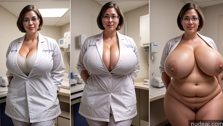 related ai porn images free for Woman One Busty Huge Boobs Glasses 40s Laughing Brunette Short Hair White Film Photo Hospital T-pose Lab Coat Onoff