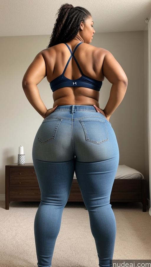 ai nude image of araffe woman in a blue bra top and jeans standing in a room pics of Athlete Big Hips Big Ass Jeans Bedroom