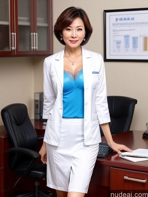 ai nude image of arafed woman in a white suit and blue top standing in an office pics of Milf Two Perfect Boobs Perfect Body Pubic Hair Short Hair 50s Chinese Office Bra Doctor Lab Coat Cleavage Sexy Face