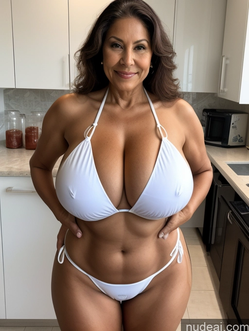 ai nude image of arafed woman in a white bikini posing in a kitchen pics of Milf One Busty Huge Boobs Tanned Skin 70s Front View Microkini Thong Brazilian Lab Coat Professor