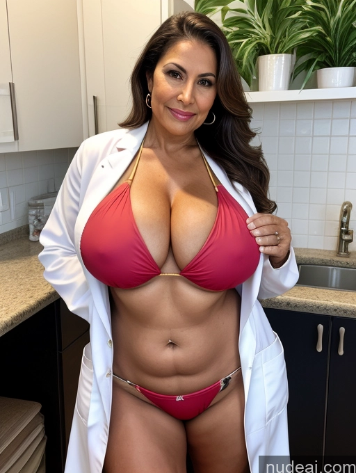 ai nude image of arafed woman in a pink bikini and white lab coat posing for a picture pics of Milf One Busty Huge Boobs Tanned Skin 70s Front View Microkini Thong Brazilian Lab Coat Professor