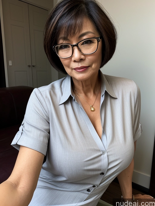 related ai porn images free for Milf Two Busty Glasses Perfect Body 60s Sexy Face Short Hair Chinese Blouse Casual Shirt Cleavage Dark Lighting Detailed