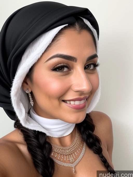 ai nude image of arafed woman with a black head scarf and a white scarf pics of Milf One Busty Beautiful Perfect Boobs Abs Muscular Tattoos Big Ass Perfect Body Fairer Skin 18 Happy Sexy Face Black Hair Braided Arabic Illustration Snow Choker Niqab Diamond Jewelry