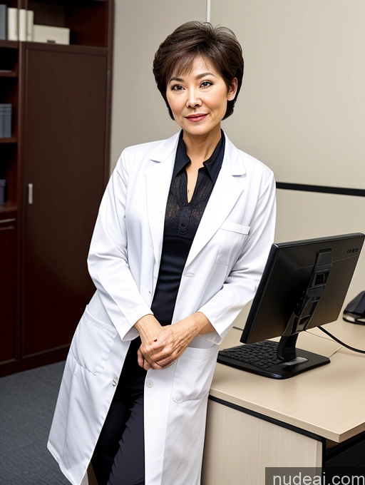 ai nude image of woman in lab coat sitting at desk with computer monitor and keyboard pics of Milf Two Perfect Boobs Perfect Body Pubic Hair Short Hair Chinese Office Doctor Lab Coat Cleavage Dark Lighting Sexy Face 70s