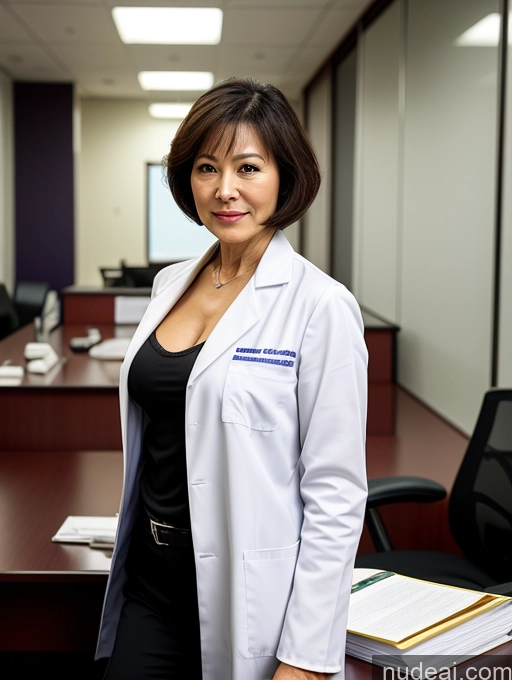 ai nude image of arafed woman in a lab coat standing in an office pics of Milf Two Perfect Boobs Perfect Body Pubic Hair Short Hair Chinese Office Doctor Lab Coat Cleavage Dark Lighting Sexy Face 70s