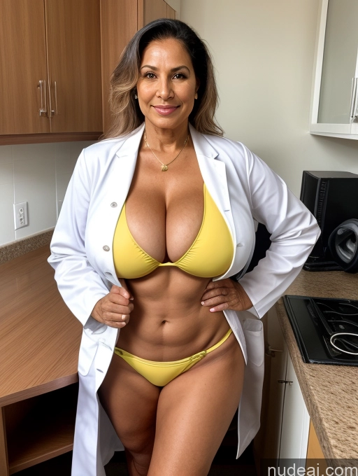 ai nude image of arafed woman in a lab coat posing in a kitchen pics of Milf One Busty Huge Boobs Tanned Skin Front View Microkini Thong Brazilian Professor Lab Coat 70s