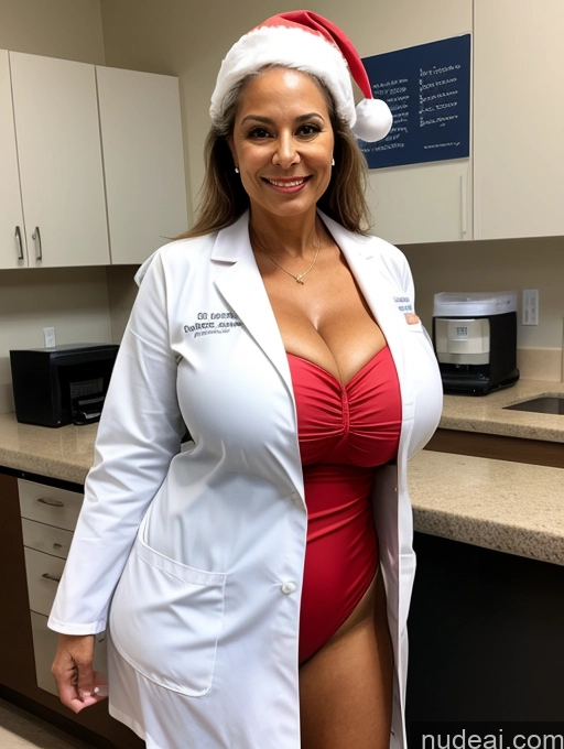 ai nude image of arafed woman in a lab coat and santa hat posing for a picture pics of Milf One Busty Huge Boobs Tanned Skin Front View Microkini Thong Brazilian Professor Lab Coat Santa 60s