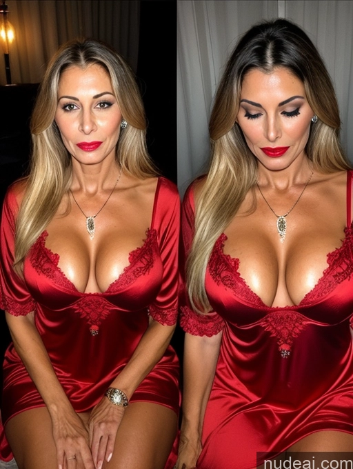 ai nude image of arafed woman in red dress posing for a picture in front of a mirror pics of Milf Beautiful Lipstick Big Ass Skinny Perfect Body Tanned Skin 70s Serious Orgasm Blonde Straight Cumshot Devil Cleavage Jewelry Dark Lighting Nightgown Perfect Boobs