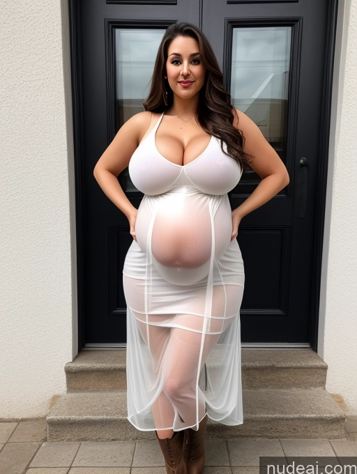 ai nude image of pregnant woman in sheer white dress standing in front of a door pics of One Busty Huge Boobs Perfect Boobs Big Ass Thick Big Hips Perfect Body Fairer Skin Seductive Boots Dress Traditional Transparent Pregnant 18 Sexy Face Black Hair Long Hair