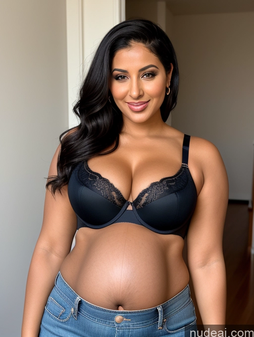 ai nude image of pregnant woman in black bra top and jeans posing for a picture pics of Lingerie Model Big Ass Pregnant Tanned Skin 20s Orgasm Black Hair Hair Bun Arabic Crop Top Jeans Push-up Bra Teacher