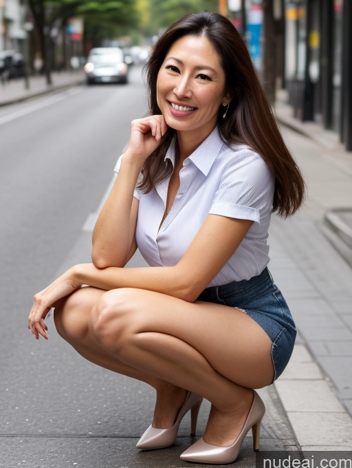 ai nude image of woman in white shirt and blue skirt sitting on sidewalk with cell phone pics of Milf Tall Pubic Hair 30s Happy Brunette Straight Japanese Skin Detail (beta) Street Front View Squatting Spreading Legs High Heels Mini Skirt Shirt Detailed