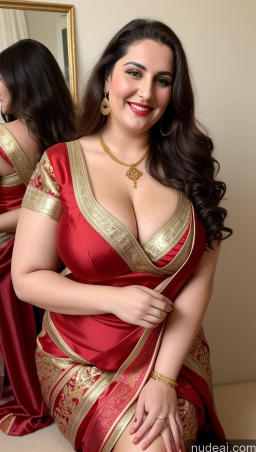 ai nude image of araffe woman in a red sari posing in front of a mirror pics of Milf Busty Beautiful Lipstick Chubby Thick Big Hips Fat Fairer Skin 20s Happy Seductive Brunette Long Hair Russian Party Front View Straddling Sari Blouse Dirndl Victorian Cleavage Gold Jewelry