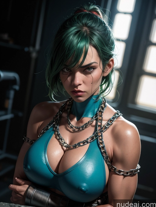 related ai porn images free for Superheroine Muscular Skinny Small Tits Huge Sagging Breasts 40s Serious Angry Green Hair Bangs Dark Fantasy Bodypaint Sci-fi Armor Spandex Powering Up Chain Shackles Alternative Superhero