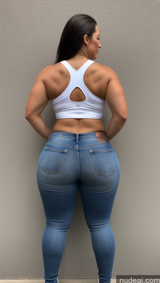 ai nude image of arafed woman in a white top and blue jeans standing against a wall pics of Athlete Big Ass Big Hips Jeans