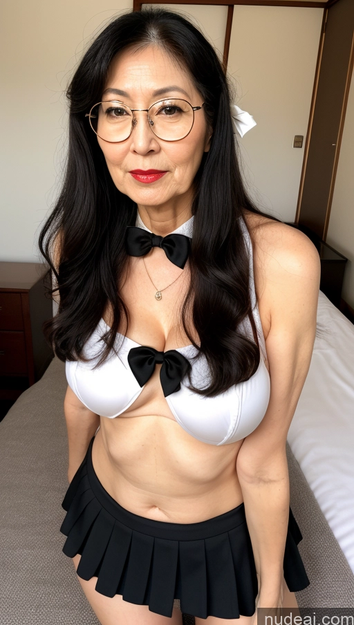 ai nude image of there is a woman in a skirt and glasses posing on a bed pics of Milf Busty Pubic Hair Fairer Skin Black Hair Lipstick Japanese Big Hips Big Ass Bows Mini Skirt Thin Round Glasses Long Hair 70s