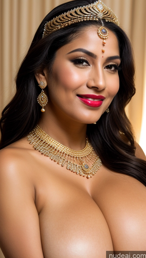 ai nude image of araffed woman with big breast wearing a gold necklace and earrings pics of Miss Universe Model Busty Huge Boobs Beautiful Lipstick Big Ass Perfect Body Fairer Skin 50s Happy Seductive Sexy Face Black Hair Straight Middle Eastern Skin Detail (beta) Onsen Sari Traditional Jewelry Gold Jewelry Bright Lighting Close-up View Chubby