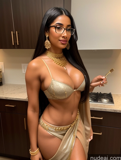 ai nude image of araffe woman in a gold sari posing in a kitchen pics of Indian Dark Skin Pubic Hair One Glasses Perfect Body Oiled Body Black Hair Jewelry Bright Lighting Bimbo Perfect Boobs Lipstick 20s Gold Jewelry Traditional Sari Bra Transparent Cooking Kitchen Long Hair Seductive