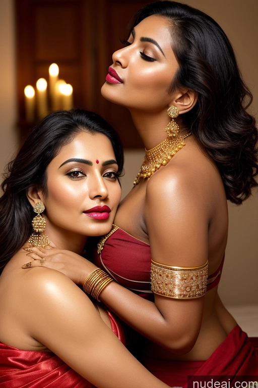 related ai porn images free for Woman Two Busty Lipstick Perfect Body Dark Skin Oiled Body Sexy Face Indian Traditional Sari Gold Jewelry Bright Lighting Detailed Bedroom Blouse Big Ass