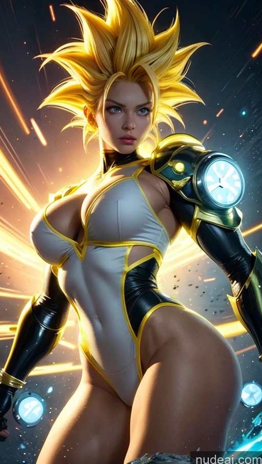 ai nude image of a woman in a white and yellow outfit with a light on her chest pics of Several Bodybuilder Busty Muscular Abs Super Saiyan Super Saiyan 3 Surrealist Sci-fi Armor Neon Lights Clothes: Yellow Powering Up