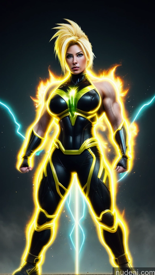 ai nude image of a woman in a black and yellow costume standing in front of lightning pics of Several Bodybuilder Busty Muscular Abs Super Saiyan Super Saiyan 3 Surrealist Sci-fi Armor Neon Lights Clothes: Yellow Powering Up Battlefield Heat Vision