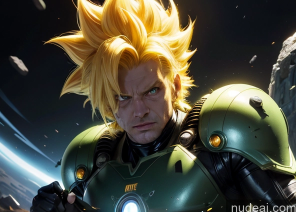 ai nude image of anime character with yellow hair and a green helmet holding a light pics of Several Bodybuilder Busty Muscular Abs Super Saiyan Super Saiyan 3 Surrealist Sci-fi Armor Neon Lights Clothes: Yellow Powering Up Battlefield Heat Vision