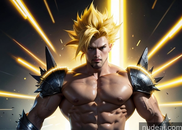 ai nude image of a close up of a man with a sword and armor pics of Several Bodybuilder Busty Muscular Abs Super Saiyan Super Saiyan 3 Surrealist Sci-fi Armor Neon Lights Clothes: Yellow Powering Up Battlefield Heat Vision