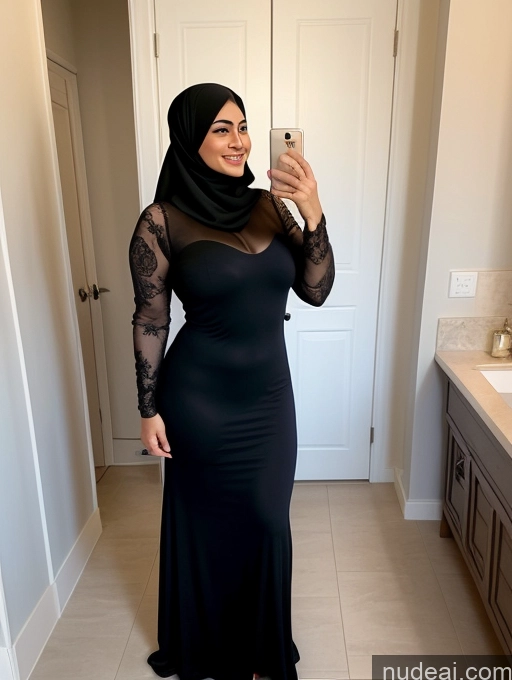 ai nude image of woman in black dress taking a selfie in bathroom with mirror pics of Milf One Busty Chubby Big Hips Perfect Body Happy Brunette Long Hair Mirror Selfie Front View Tattoos Short 30s Sexy Face Bathroom T-pose Arabic Niqab Transparent