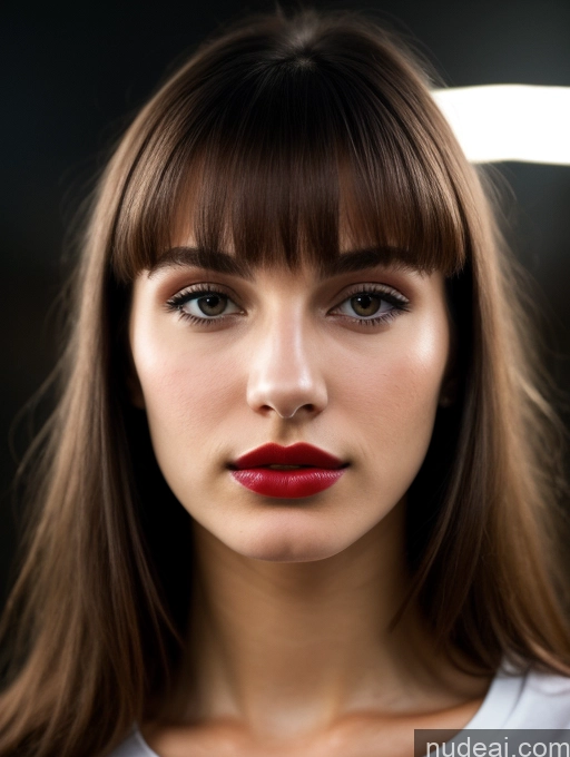 ai nude image of a close up of a woman with a red lipstick and bangs pics of Skinny Beautiful 18 Lipstick Russian Close-up View Shirt Brunette Dark Lighting Bangs