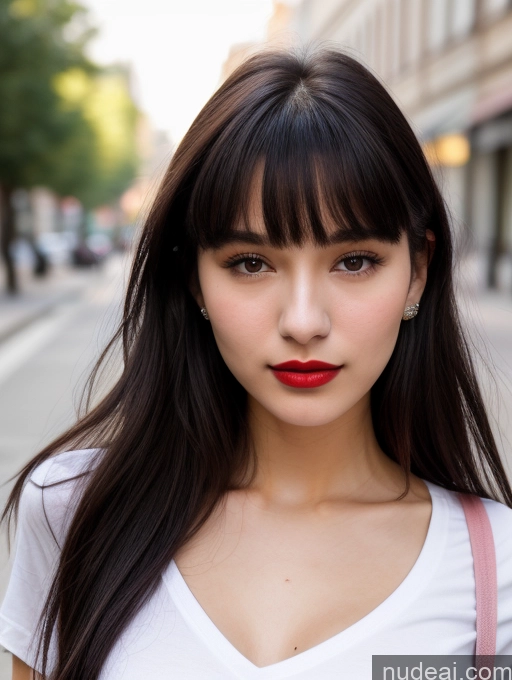 ai nude image of arafed woman with long hair and red lipstick standing on a city street pics of Small Tits Beautiful Lipstick Skinny 18 Black Hair Bangs Street Close-up View Shirt