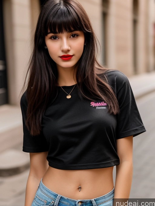 ai nude image of arafed woman with long hair and a black shirt standing on a street pics of Small Tits Beautiful Lipstick Skinny 18 Black Hair Bangs Street Close-up View Shirt Spanish