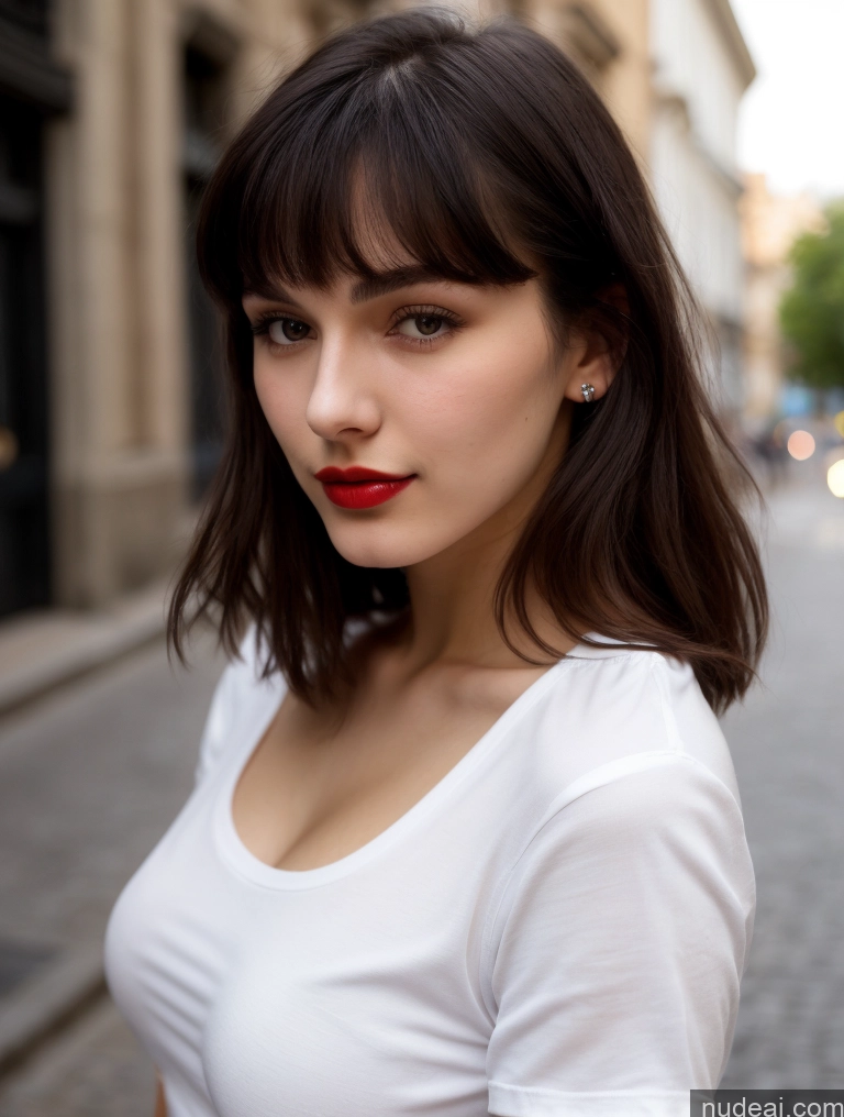 ai nude image of arafed woman with red lipstick and earrings standing on a street pics of Small Tits Beautiful Lipstick Skinny 18 Black Hair Bangs Street Close-up View Shirt Czech