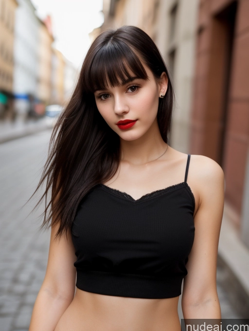 ai nude image of arafed woman with long hair and red lipstick standing on a street pics of Small Tits Beautiful Lipstick Skinny 18 Black Hair Bangs Street Close-up View Shirt Czech