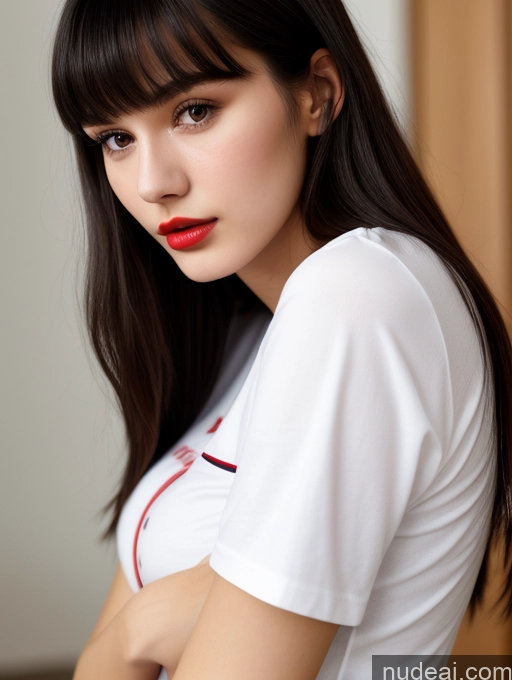 ai nude image of arafed woman with long black hair and red lipstick posing for a picture pics of Small Tits Beautiful Lipstick Skinny 18 Black Hair Bangs Russian Close-up View Shirt Model