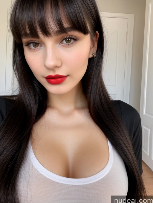 ai nude image of arafed woman with long black hair and red lipstick posing for a picture pics of Small Tits Beautiful Lipstick Skinny 18 Black Hair Bangs Russian Close-up View Shirt Model