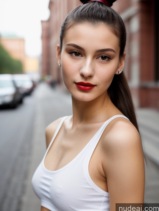 ai nude image of arafed woman with a red lip and a white tank top pics of Small Tits Beautiful Lipstick Skinny 18 Black Hair Russian Close-up View Shirt Model Street Ponytail