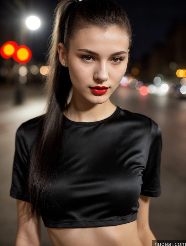 ai nude image of arafed woman with red lipstick and black top standing on street pics of Small Tits Beautiful Lipstick Skinny 18 Black Hair Russian Close-up View Shirt Model Street Ponytail Dark Lighting