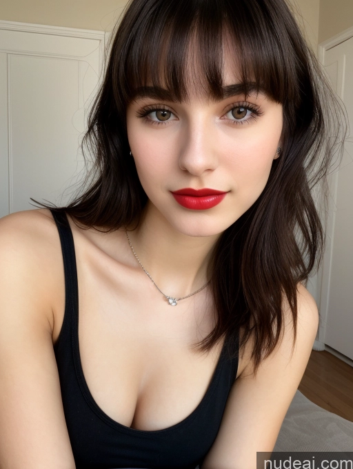 ai nude image of arafed woman with a red lipstick and a black tank top pics of Small Tits Beautiful Skinny 18 Lipstick Black Hair Russian Close-up View Tank Top Bangs