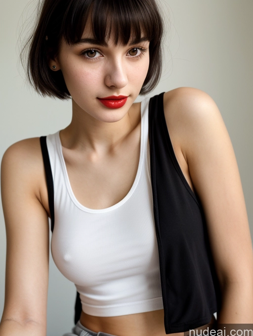 ai nude image of arafed woman with a black jacket and red lipstick posing for a picture pics of Small Tits Beautiful Skinny 18 Lipstick Black Hair Russian Close-up View Tank Top Bangs