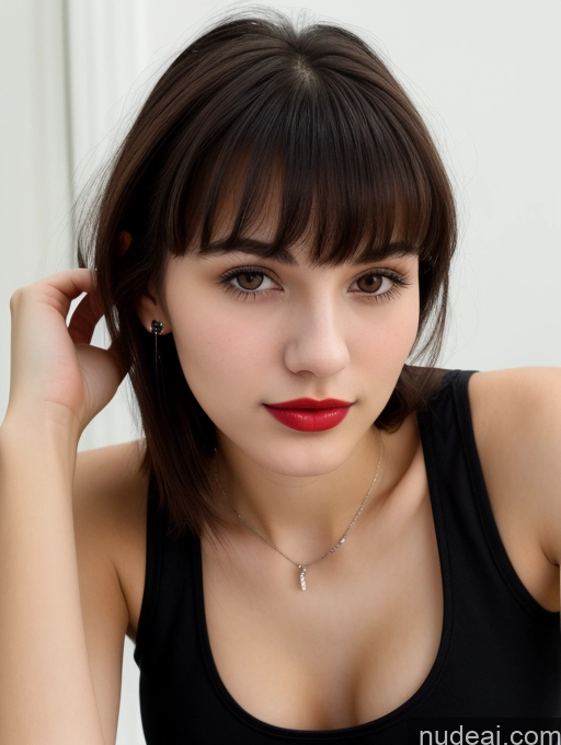 ai nude image of there is a woman with a necklace and a black top pics of Small Tits Beautiful Skinny 18 Lipstick Black Hair Russian Close-up View Tank Top Bangs