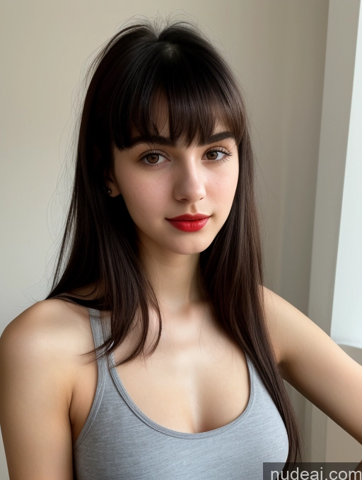 ai nude image of there is a woman with long hair and a gray top pics of Small Tits Beautiful Skinny 18 Lipstick Black Hair Russian Close-up View Tank Top Bangs