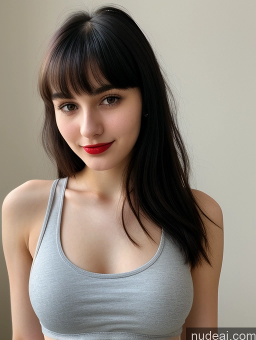 ai nude image of arafed woman with long black hair and a gray top pics of Small Tits Beautiful Skinny 18 Lipstick Black Hair Russian Close-up View Tank Top Bangs